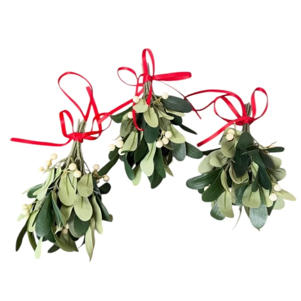 Crate & Barrel Faux Green Mistletoe set with Red Ribbon Accents- Set of 3